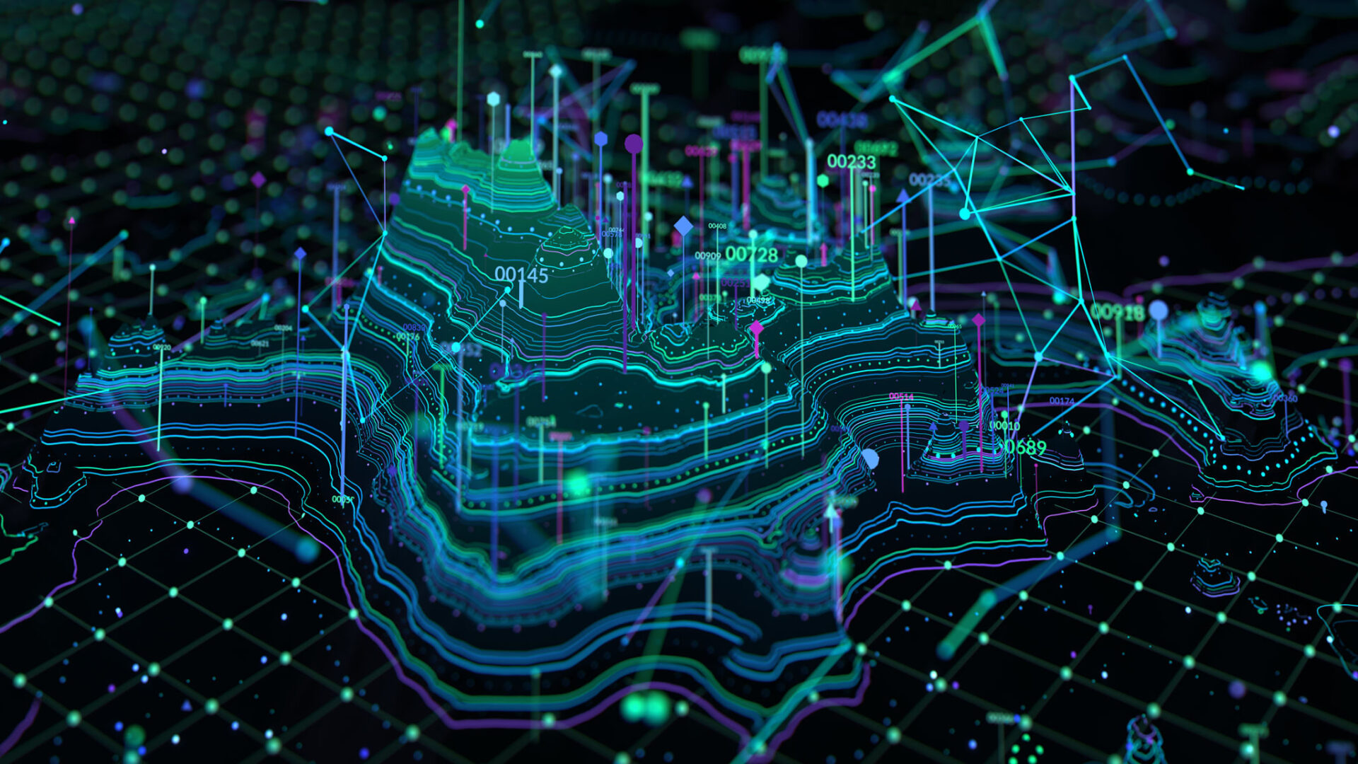 Neon digital topography with grid lines